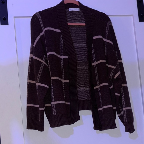 OAK + FORT Sweaters - OAK + FORT Dark Brown Plaid Cardigan